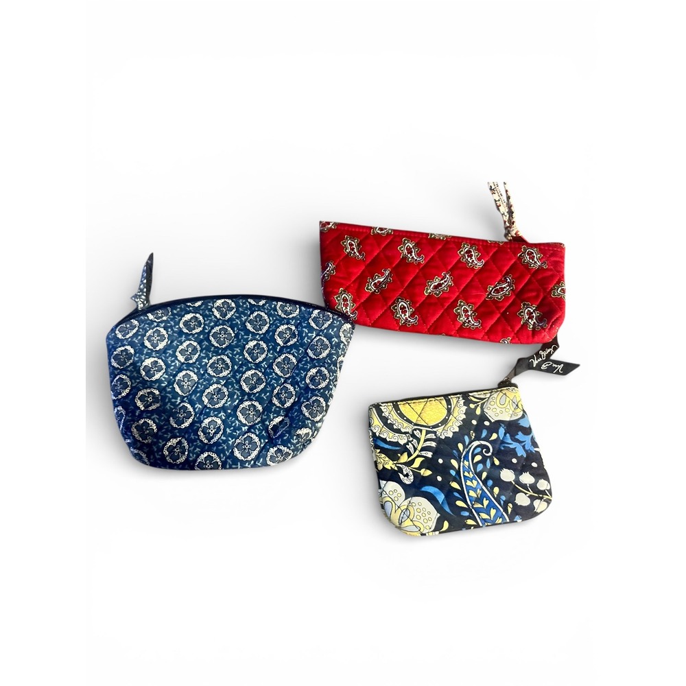 Vera Bradley Set of 3 Quilted Cosmetic Makeup Travel Bags Pouch Red Blue Yellow